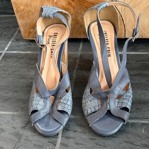 Chelsea Crew Black Label Gray Strappy Heels
With Croc print